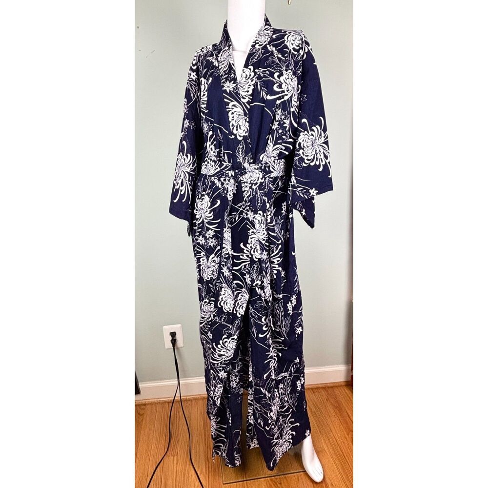 Vintage 80s Women's Ichiban Kimono 60" Blue White Floral Cotton Robe Japan